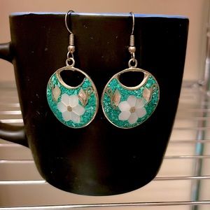 Silver Color Circle Dangle Earrings with Turquoise & Flower Design